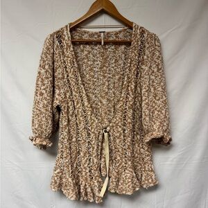 Free People Cream and Brown Knit Blouse